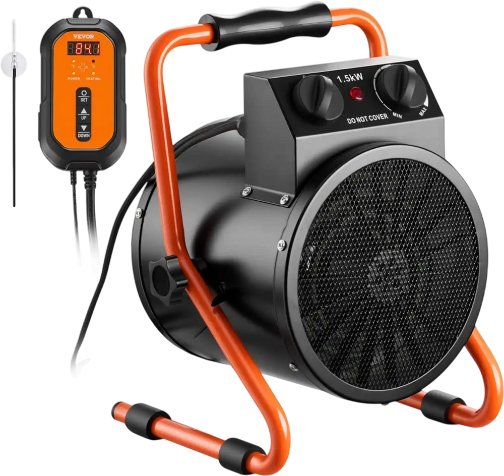 VEVOR Greenhouse Heater, 1500W Electric Space Heater with Thermostat, Fan & High Heat Modes, 25° Adjustable Angle, IPX4 & Overheat Protection, for Grow Tent, Greenhouse, Flower Room, Home Office
