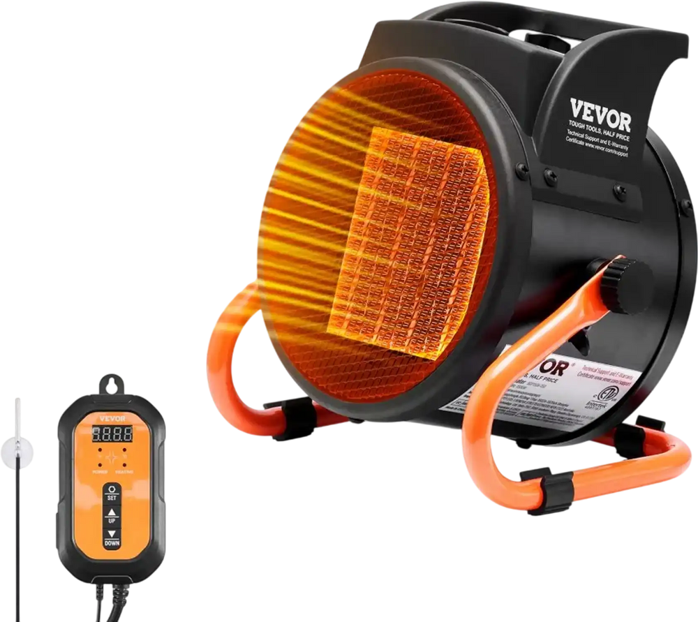 VEVOR Greenhouse Heater with Thermostat, 1500W PTC Fast Heating with Overheat Protection, 3-Speed Setting Small Grow Tent Heater, Electric Portable Heater Fan for Green House, Flower Room, Workplace
