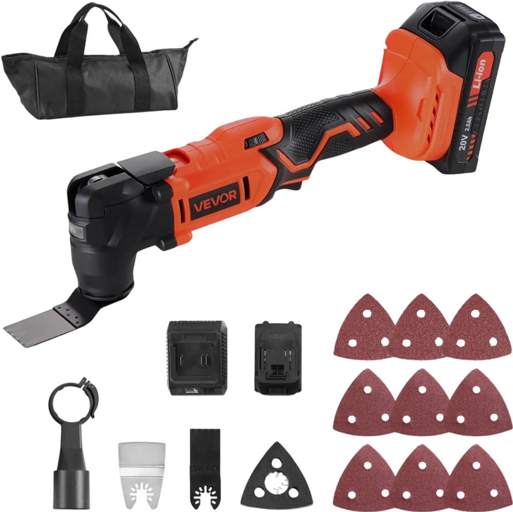 VEVOR Cordless Oscillating Tool, 20V Oscillating Multi Tool Kit with 6 Variable Speeds 8500 - 17000 OPM, 3.2° Oscillation Angle, 2.0Ah Battery Pack & Charger, 12PCS Saw Accessories & LED Work Light