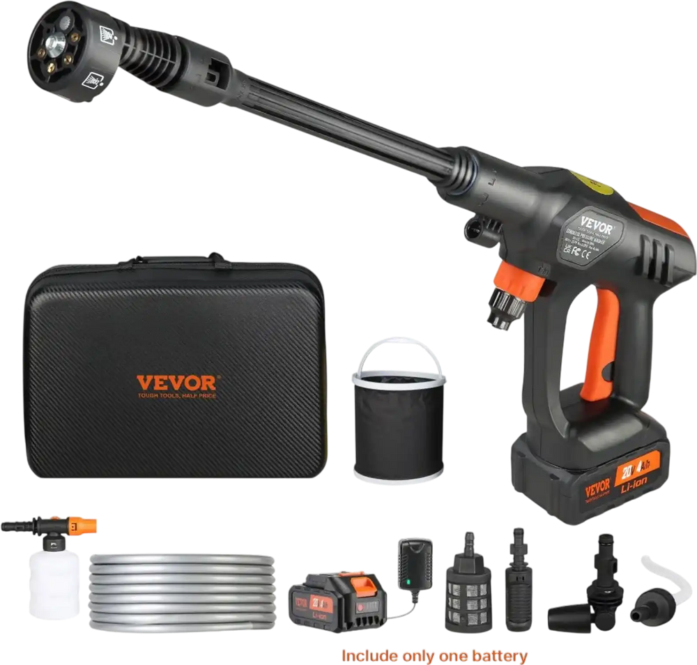VEVOR Cordless Pressure Washer, 652-PSI 1.1 GPM Portable Power Cleaner, Handheld High-Pressure Car Washer Gun with 4.0Ah Battery, Charger, 6-in-1 Nozzle, for Home/Floor Cleaning & Watering