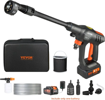 VEVOR Cordless Pressure Washer, 652-PSI 1.1 GPM Portable Power Cleaner, Handheld High-Pressure Car Washer Gun with 4.0Ah Battery, Charger, 6-in-1 Nozzle, for Home/Floor Cleaning & Watering