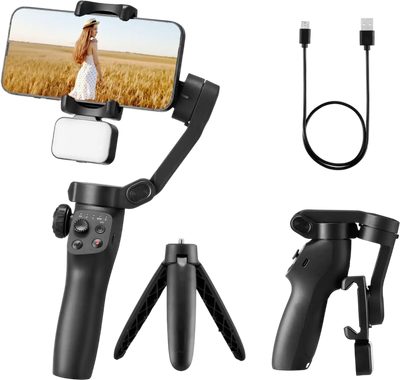 VEVOR Gimbal Stabilizer for Smartphone, 3-Axis Stabilization, Phone Gimbal for Android & iPhone with Magnetic Fill Light, Face Tracking, Gesture Control, Phone Stabilizer for Video Recording Vlogging