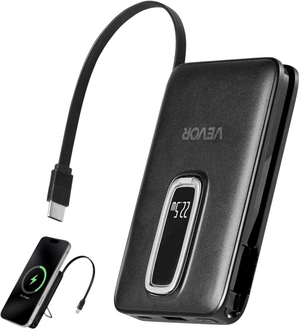 VEVOR Magnetic Power Bank, 10000 mAh Battery Pack, Wireless MagSafe-Compatible Portable Charger, with Smart LED Display, Foldable Stand, Fast Charging for iPhone16/15/14/13/12 Series, Samsung, Huawei