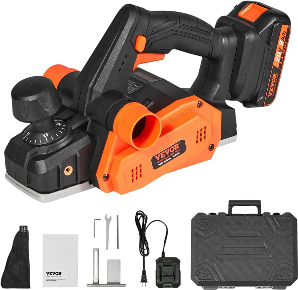 VEVOR Cordless Electric Hand Planer, 3-1/4" Width, 16000 RPM Handheld Wood Planer with Battery 5/64" Adjustable Depth HSS Blades Dual Side Dust Outlet, for Woodworking Wood Planing Surface Smoothing