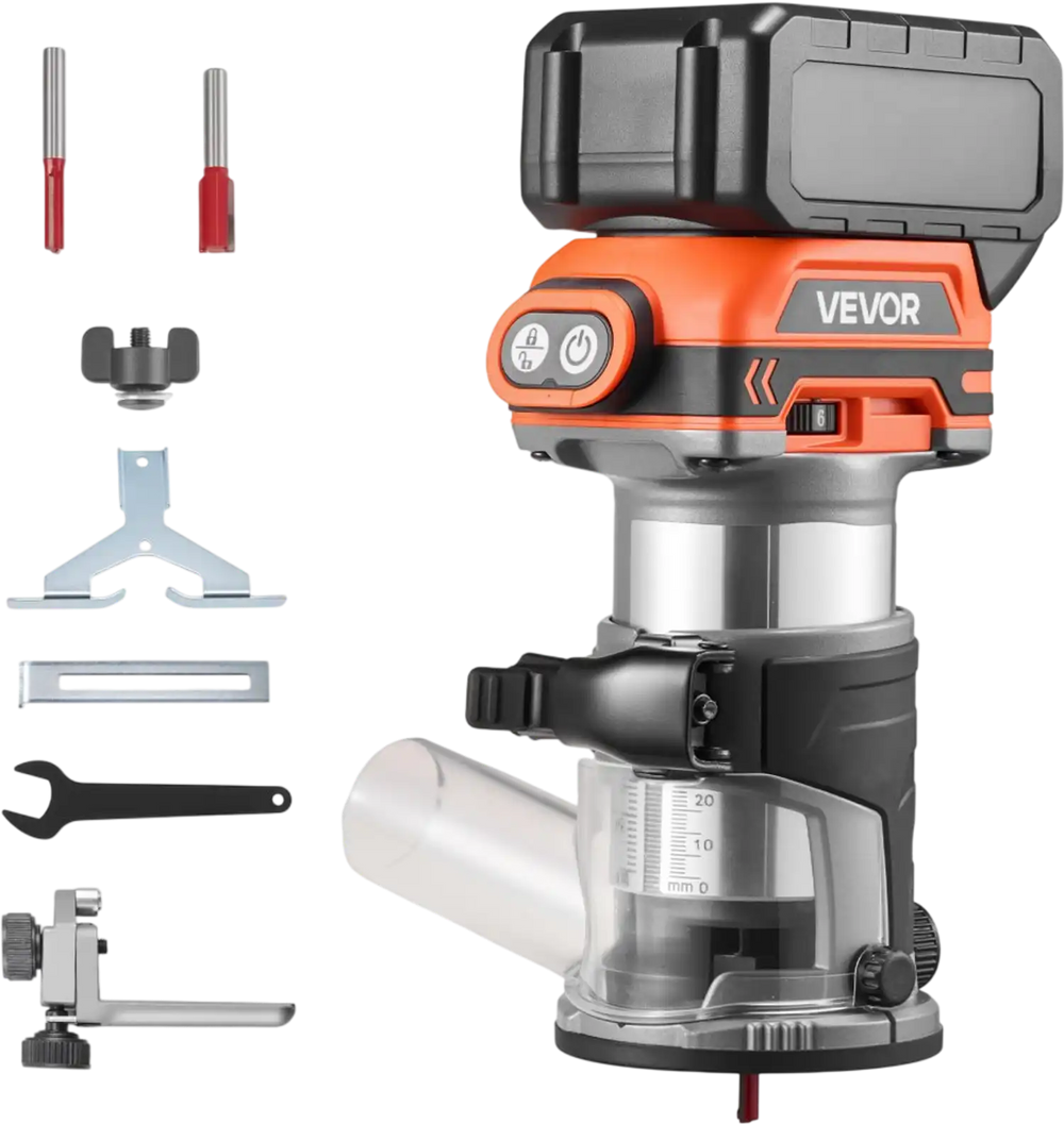 VEVOR Cordless Wood Router, 18V Brushless, Compact Variable Speed Palm Router with Fixed Base, 1/4-Inch Collet, Edge Trimmer Tool for Woodworking, Compatible with Makita 18V Batteries (No Battery)
