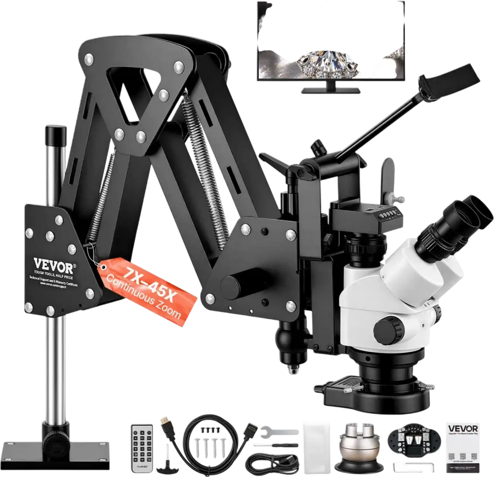 VEVOR Multi-Directional Microscope with Spring Bracket Universal Ball Vise, for Diamond Setting Jewelry Making Engraving, 7X-45X Continuous Magnification, Micro Inlaid Mirror with Adjustable LED Light