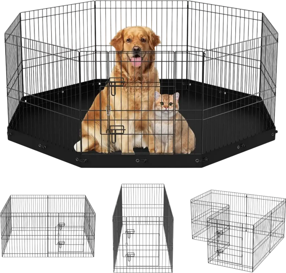 VEVOR Dog Playpen, 8 Panels Foldable Metal Dog Exercise Pen with Bottom Pad, 24" H Pet Fence Puppy Crate Kennel with Ground Stakes, Indoor Outdoor Dog Pen for Small Medium Pets, for Camping, Yard