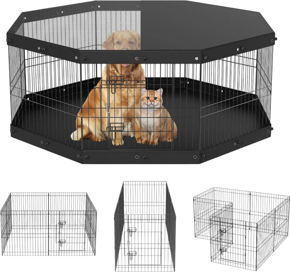 VEVOR Dog Playpen, 8 Panels Foldable Metal Dog Exercise Pen with Top Cover and Bottom Pad, 24" H Pet Fence Puppy Crate Kennel, Indoor Outdoor Dog Pen for Small Medium Pets, for Camping, Yard