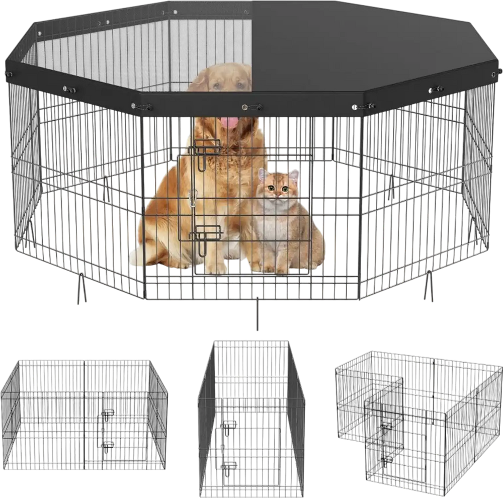 VEVOR Dog Playpen, 8 Panels Foldable Metal Dog Exercise Pen with Top Cover, 24" H Pet Fence Puppy Crate Kennel with Ground Stakes, Indoor Outdoor Dog Pen for Small Medium Pets, for Camping, Yard