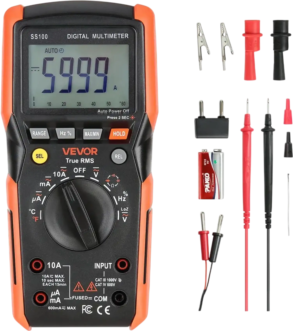 VEVOR Digital Multimeter, 6000-Count TRMS DC/AC Voltmeter Current Tester, Auto-Ranging Multimeter for Current Voltage Resistance Capacitance Temperature Diodes Continuity Low Impedance Measurment