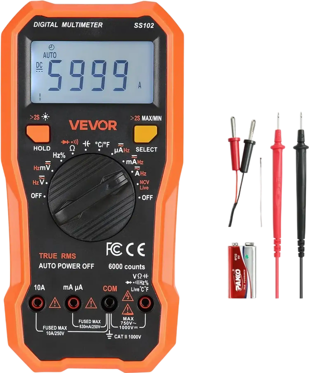 VEVOR Digital Multimeter, 6000-Count TRMS DC/AC Voltmeter Current Tester, Professional NCV Multimeter for Current Voltage Resistance Capacitance Duty-Cycle Tempetature Diodes Continuity Live Wire Test