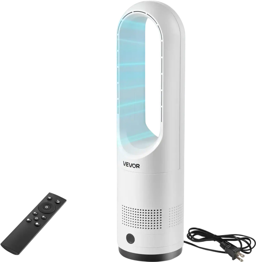 VEVOR Bladeless Tower Fan, 80° Oscillating Standing Fan, 8 Speeds & 9-Hour Timer, 15.42 ft High Velocity Floor Air Circulator, Powerful Airflow with Remote for Bedroom, Living Room, Home, Office,White