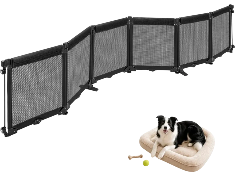 VEVOR Freestanding Dog Gate 29" Tall 6-Panel Foldable Mesh Pet Gate Black, For Stairs Doorways, Breathable and Soft Mesh, Freestanding or Wall Mount, Flexible Shapes, Extra-Wide Design, Easy to Store