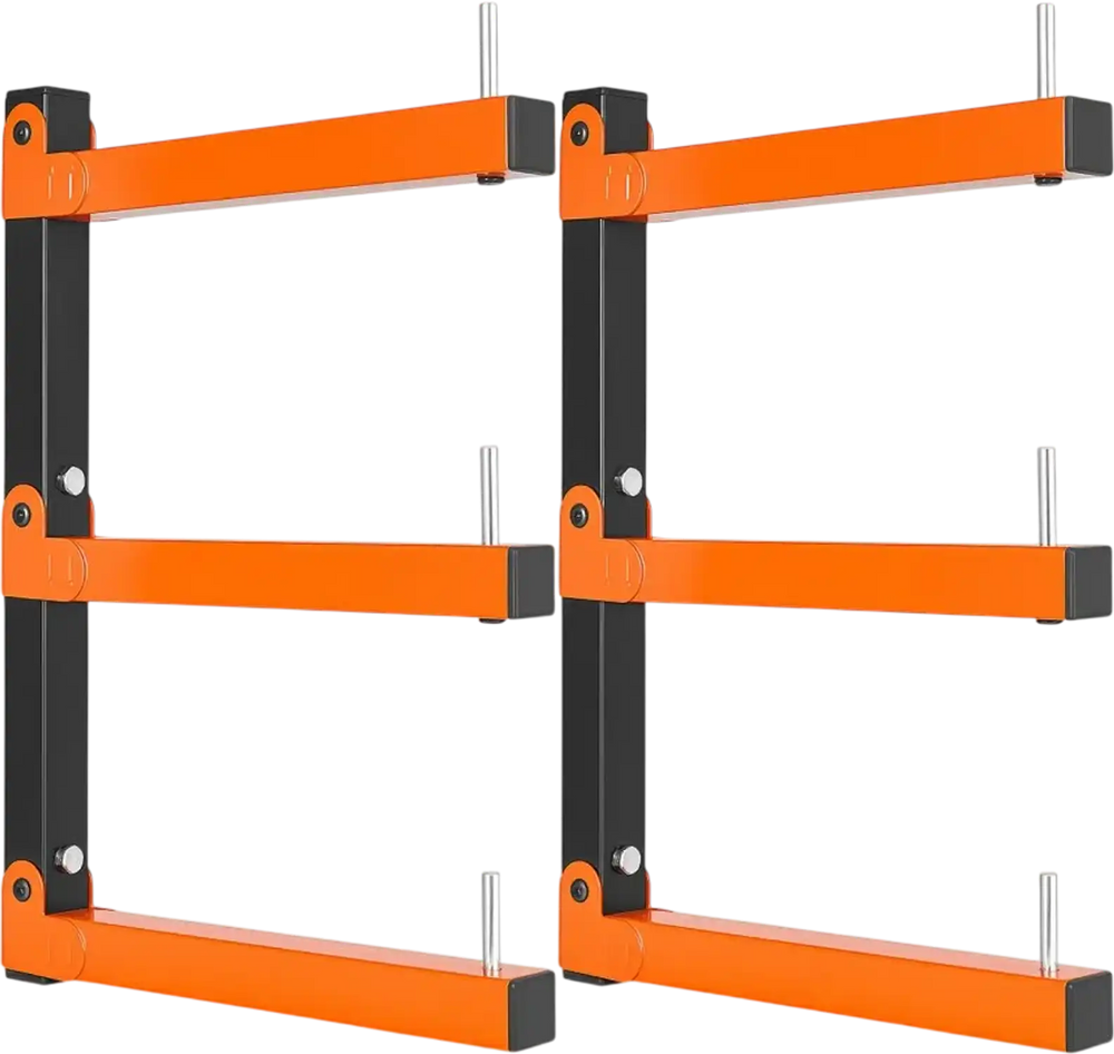 VEVOR Lumber Rack, 3-Tier 2-Pack 110 lbs per Tier, Foldable Wood Storage, Wall-mounted for Garages, Workshops, Warehouse, Basement, Heavy-Duty Cantilever Arms, Locking Pins, Steel, Orange & Black