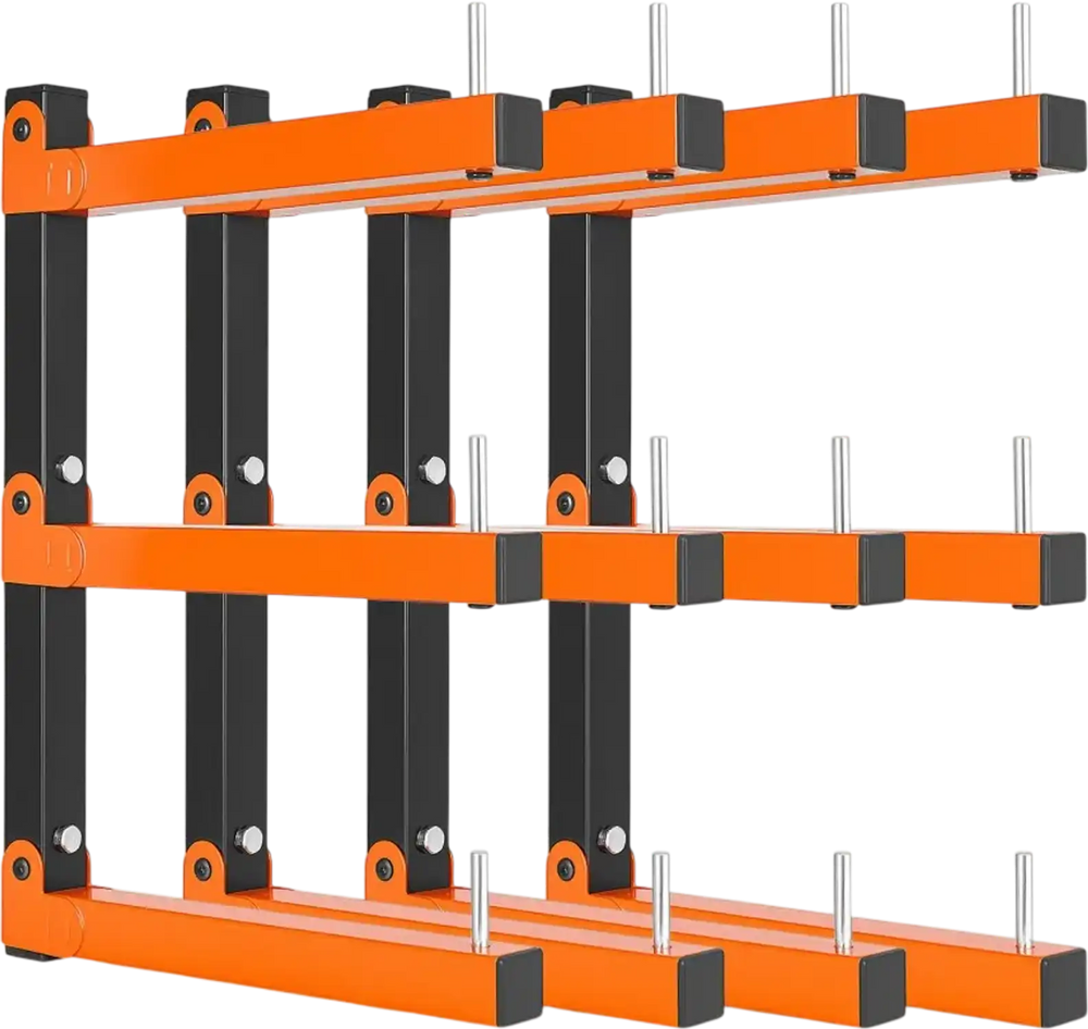 VEVOR Lumber Rack, 3-Tier 4-Pack 110 lbs per Tier, Foldable Wood Storage, Wall-mounted for Garages, Workshops, Warehouse, Basement, Heavy-Duty Cantilever Arms, Locking Pins, Steel, Orange & Black