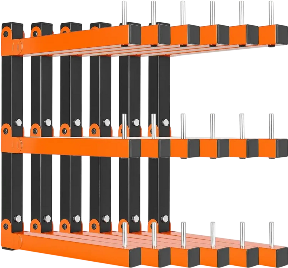 VEVOR Lumber Rack, 3-Tier 6-Pack 110 lbs per Tier, Foldable Wood Storage, Wall-mounted for Garages, Workshops, Warehouse, Basement, Heavy-Duty Cantilever Arms, Locking Pins, Steel, Orange & Black