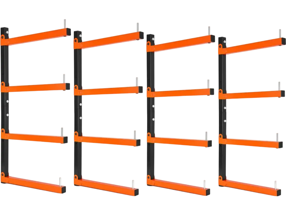 VEVOR Lumber Rack, 4-Tier 4-Pack 110 lbs per Tier, Foldable Wood Storage, Wall-mounted for Garages, Workshops, Warehouse, Heavy-Duty Cantilever Arms, 3-Level Adjustment, Steel, Orange & Black