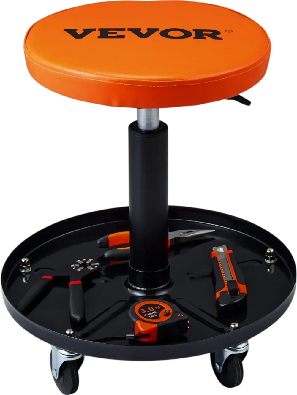 VEVOR Mechanic Stool, 250 LBS Rolling Pneumatic Creeper Garage/Shop Seat, Adjustable Height 22 in-28 in Padded Rolling Workshop Stool with Tool Tray, for Garage, Shop, Auto Repair, Black+Orange