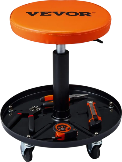 VEVOR Mechanic Stool, 250 LBS Rolling Pneumatic Creeper Garage/Shop Seat, Adjustable Height 22 in-28 in Padded Rolling Workshop Stool with Tool Tray, for Garage, Shop, Auto Repair, Black+Orange