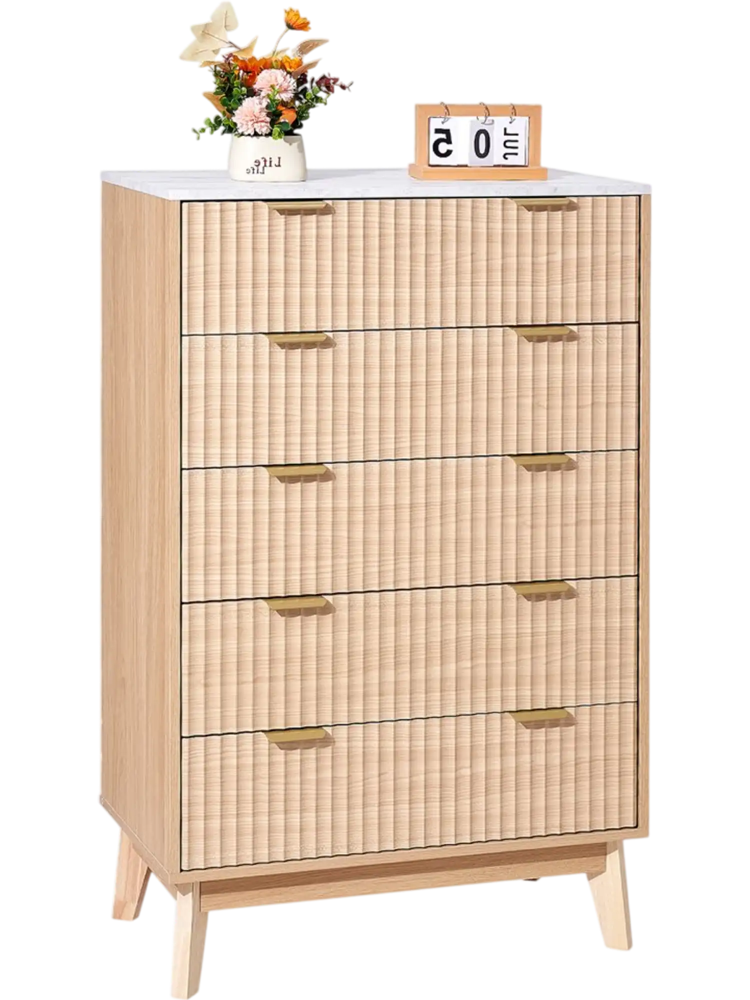 Vevor Drawer Dresser 5 Fluted Wooden Chest of Drawers with Sliding & Anti-tip Device Light Wood New
