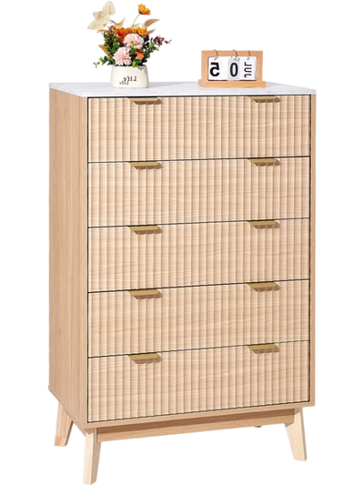 Vevor Drawer Dresser 5 Fluted Wooden Chest of Drawers with Sliding & Anti-tip Device Light Wood New