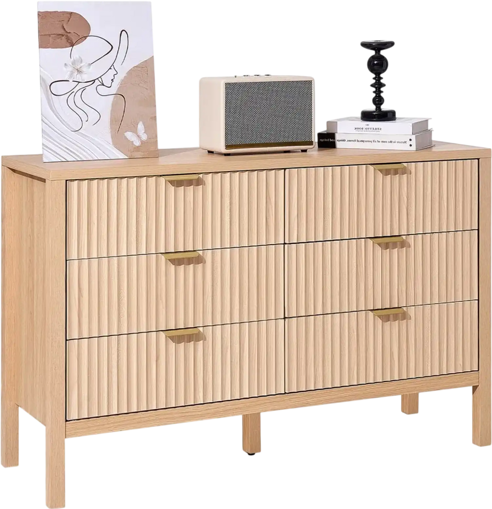 VEVOR 6 Fluted Drawer Dresser, Wooden Chest of Drawers with Sliding & Anti-tip Device, Modern Minimalist Dresser Chest, Closet Storage Organizer for Living Room, Hallway, Entryway, Light Wood