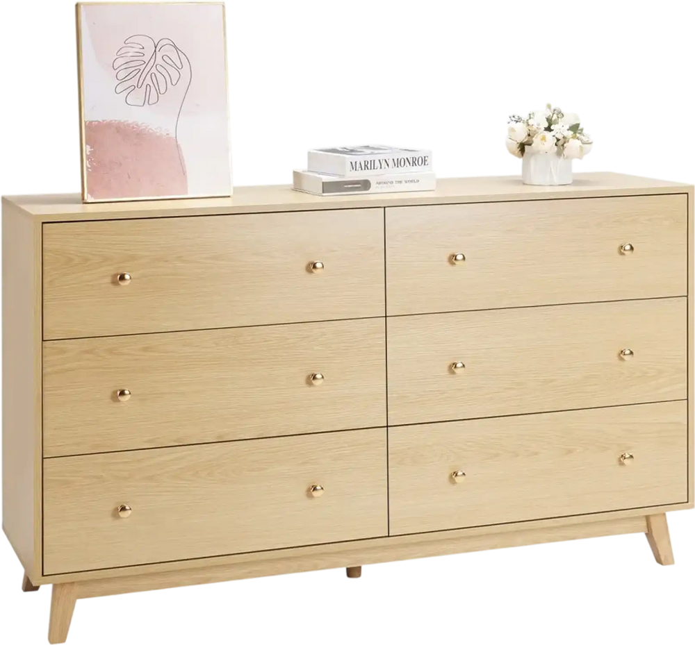 VEVOR 6 Drawer Dresser, Wooden Chest of Drawers with Sliding with Anti-tip Device, Modern Minimalist Dresser Chest, Closet Storage Organizer for Living Room, Hallway, Bedroom, Entryway, Light Wood
