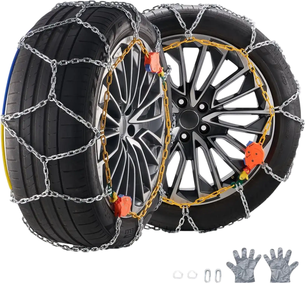VEVOR Auto Tightening Snow Chains, Diamond Mesh Traction Wheel Chains for Anti-slip, Manganese Alloy Steel Emergency Tire Chains for Cars, Pickups, SUVs, and Trucks (Set of 2)