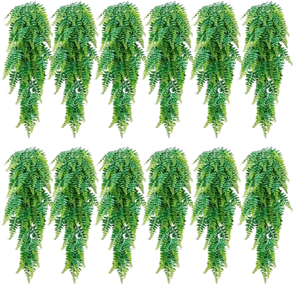VEVOR Artificial Ferns, 12 Pcs Fake Hanging Boston Fern Bush Plant with 32 Inch Hanging Length, Plastic Faux Greenery for Indoor/Outdoor Decor, For Wall, Wedding Party, Home, Porch Garden, No Basket