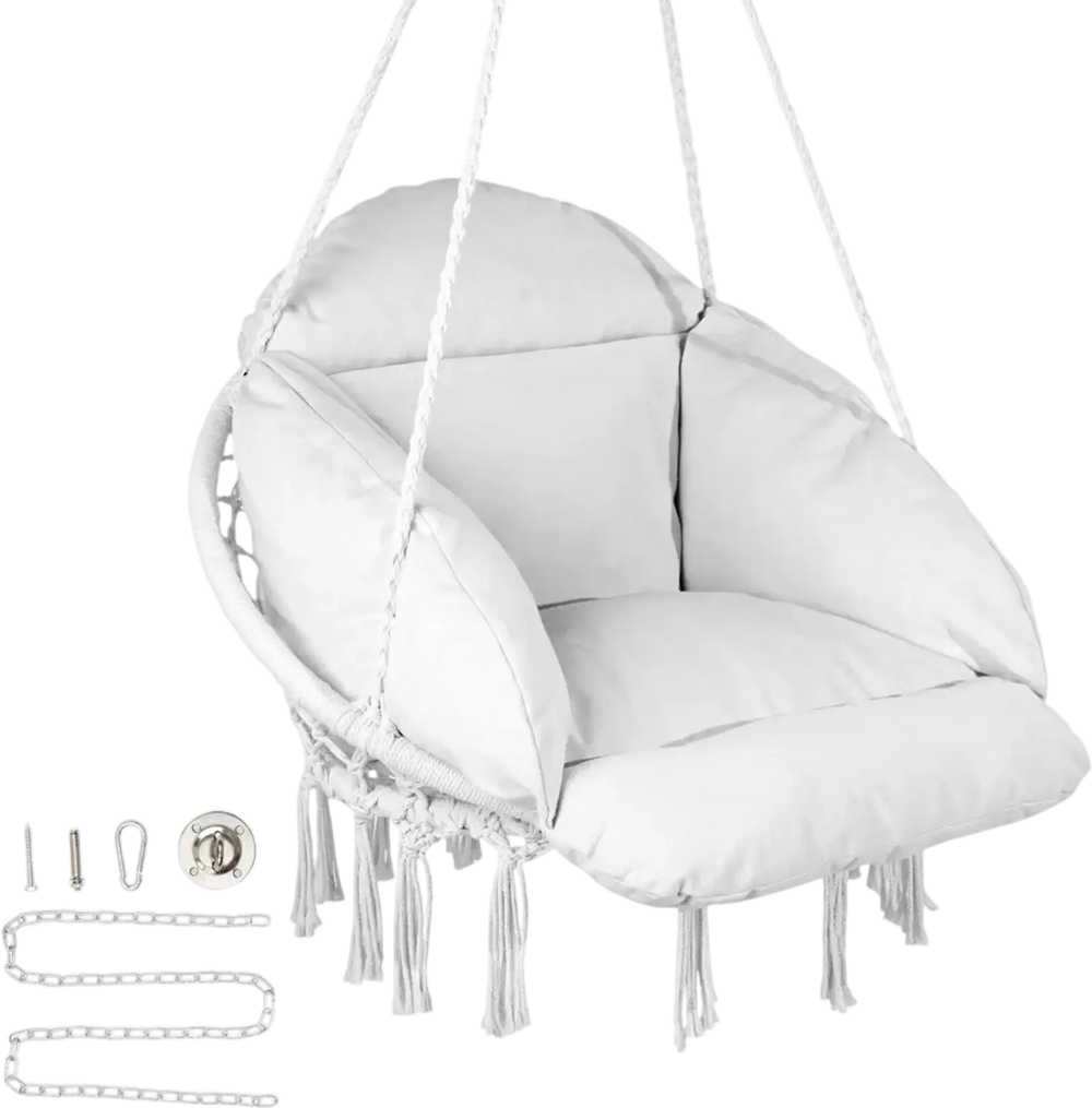 VEVOR Hanging Hammock Swing Chair, Macramé Hanging Chair with Cushion and Mounting Hardware, Cotton Rope Swing Chair for Bedroom, Balcony, Patio, Garden, 264 lbs Capacity, White