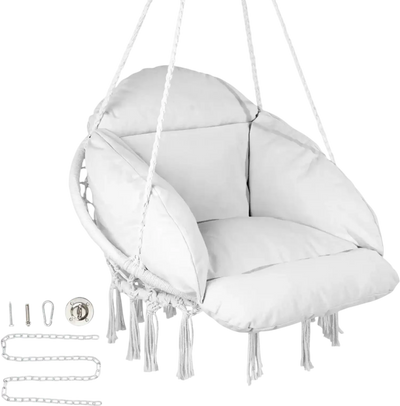 Vevor Hanging Chair Macramé Hammock Swing Chair with Cushion Indoor Outdoor 264 lbs White New