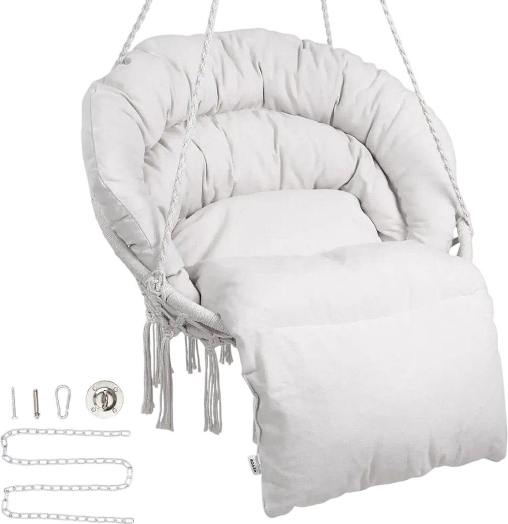VEVOR Hanging Hammock Swing Chair, 330 Lbs Capacity, Macramé Hanging Chair with Cushion and Mounting Hardware, Cotton Rope Swing Chair for Bedroom, Balcony, Patio, Garden, Beige