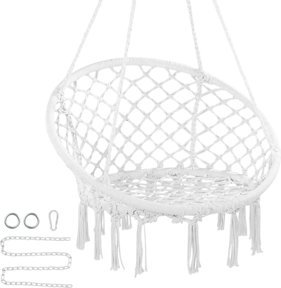 VEVOR Hanging Hammock Swing Chair, 330 Lbs Capacity, Macramé Hanging Chair with Mounting Hardware, Cotton Rope Swing Chair for Bedroom, Balcony, Patio, Garden, White