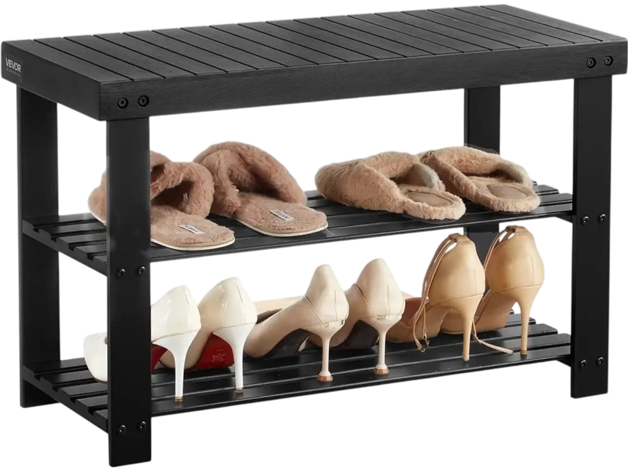 Vevor Shoe Rack Bench 3-Tier Bamboo Entryway Storage Bench Black 27.6