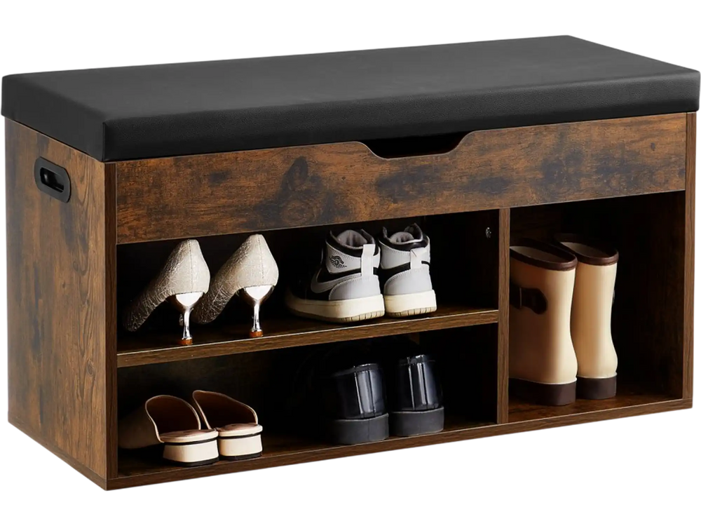 VEVOR Entryway Shoe Bench, 31.7 x 12.0 x 17.5 Inch Shoe Storage Organizer with Lift Top Storage Space, 300lbs Bench with Cushion Seat and 3 Cabinets for Hallway, Living Room, Bedroom, Brown + Black