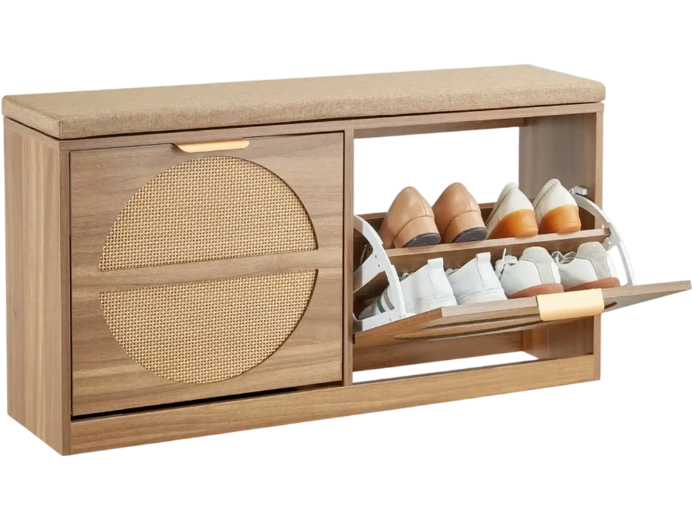 VEVOR Entryway Shoe Bench, 38.9 x 9.4 x 19.7 Inch Rattan-Like Shoes Bench with Flip Drawers, 440lbs Shoe Storage Rack with Cushion, 4 Compartments and Rattan Doors, for Hallway, Living Room, Bedroom