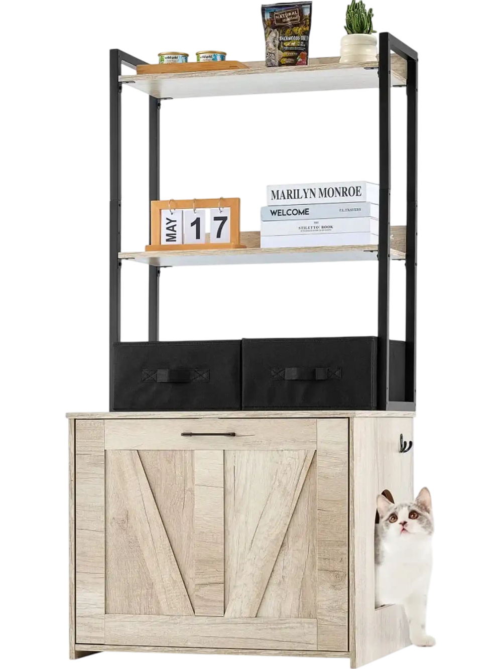 VEVOR Cat Litter Box Enclosure, Hidden Litter Box Furniture with 2 Storage Shelves & 2 Baskets, Wooden Cat Washroom Indoor, Cat House Cabinet Fit Most of Litter Box, 23.6"L x 19.7"W x 50"H, Natural