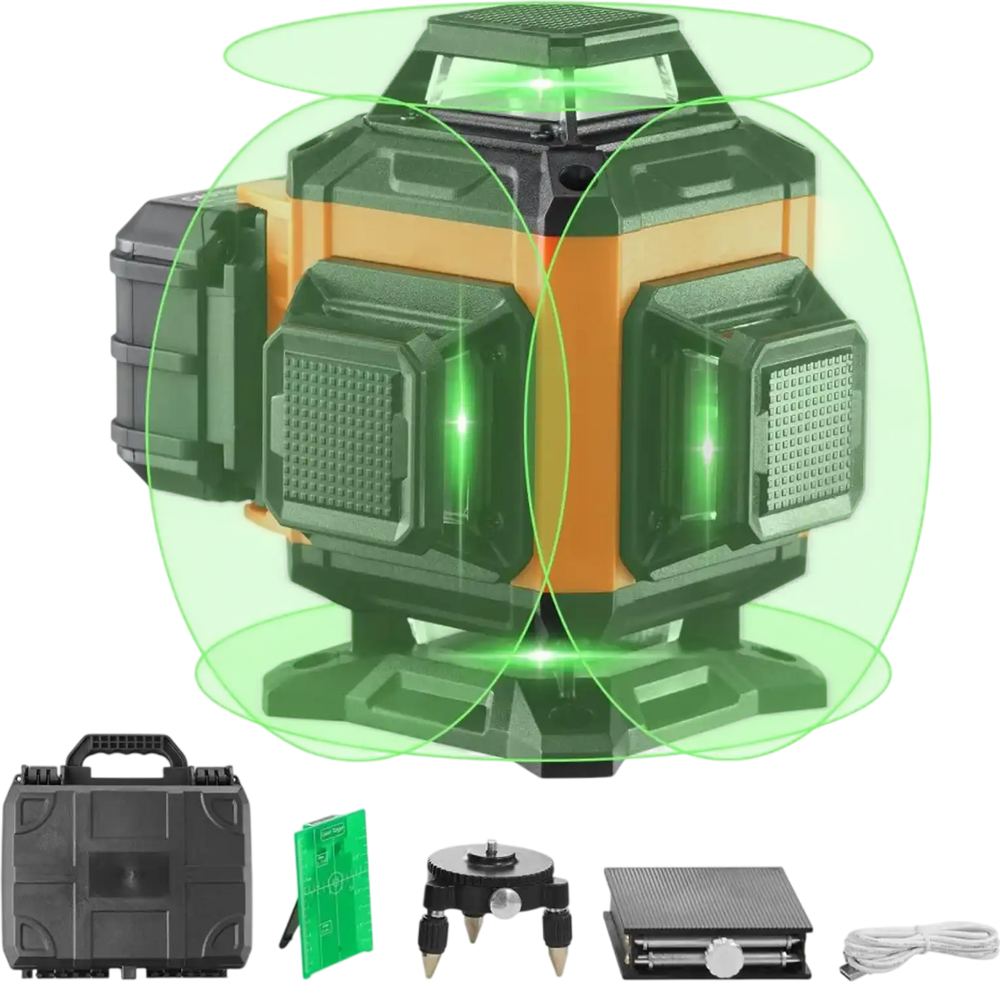 VEVOR Laser Level, 100ft, Self Leveling Manual Green 4 x 360° Cross 16 Line Laser, IP54 Waterproof Manual Self-leveling Mode & 5h Continuous Working Time Line Laser, Battery Include
