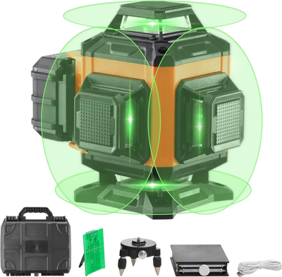 VEVOR Laser Level, 100ft, Self Leveling Manual Green 4 x 360° Cross 16 Line Laser, IP54 Waterproof Manual Self-leveling Mode & 5h Continuous Working Time Line Laser, Battery Include