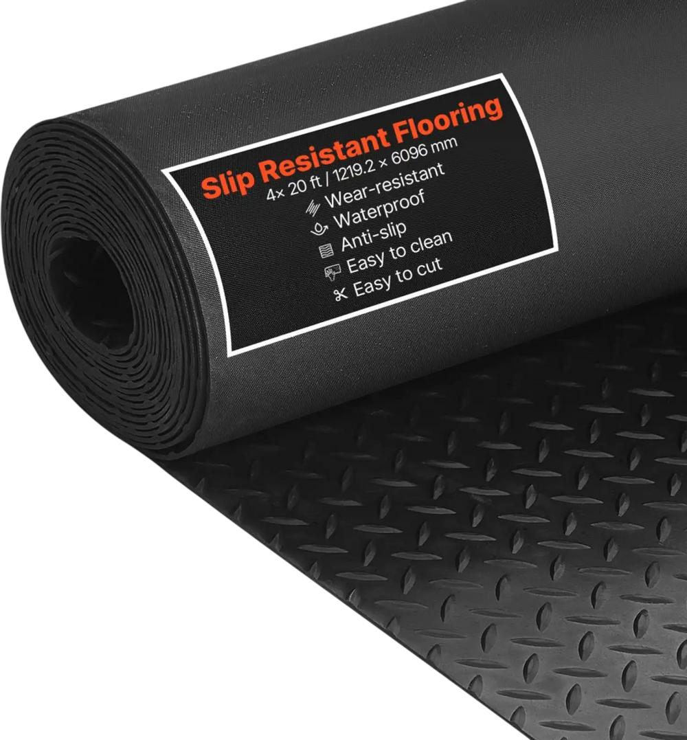 VEVOR Garage Floor Roll, 4 x 20 ft Garage Flooring Mat, 3 mm Thickened Rubber Diamond Plate Floor Protector Mat, Non-Slip, Wear-resist, Waterproof, Easy to Clean for Warehouse, Gyms,Trailer, Black