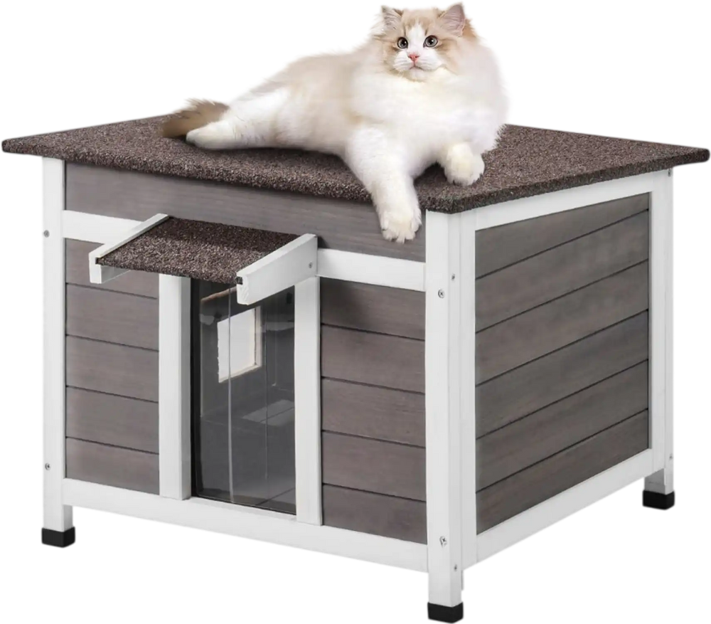 VEVOR Outdoor Cat House Weatherproof, Feral Cat Shelter for Multiple Cats, Outdoor Wooden Cat Rabbit House with a Window, Open Roof and PVC Door Flaps, 24"L x 21"W x 18"H