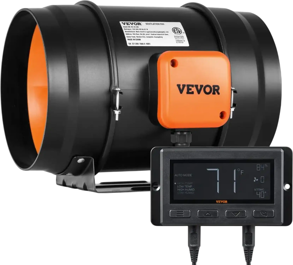 VEVOR Inline Duct Fan, 8-Inch 807 CFM with Temperature Humidity Controller, Quiet EC-motor Ventilation Exhaust Fan for Cooling Booster, Grow Tents, Hydroponics