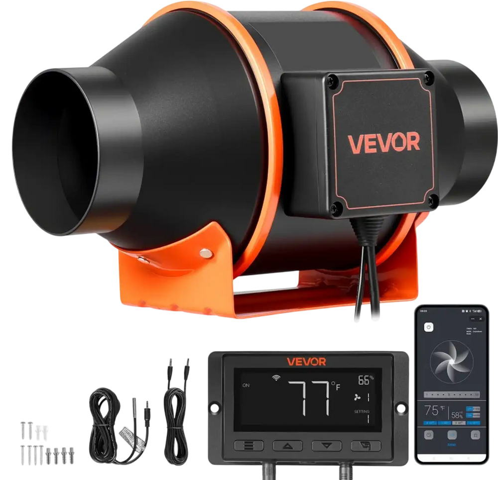 VEVOR Inline Duct Fan, 205 CFM 4 inch EC Motor Exhaust Ventilation Fan with 10-Speed, PWM Controller, App Control, Temperature Humidity Sensor, Cooling for Grow Tent, Indoor Gardening, Hydroponics