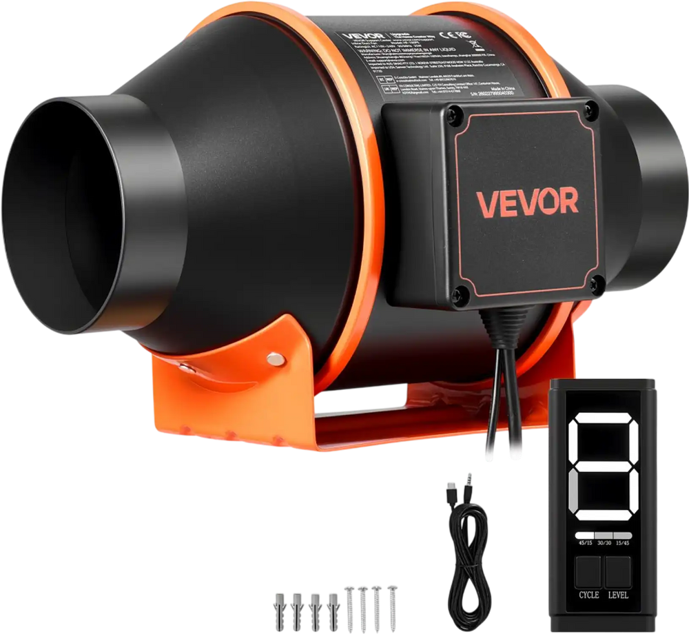 VEVOR Inline Duct Fan, 205 CFM 4 inch EC Motor Ventilation Fan with 3-Speed Circulation, 10-Speed PWM Controller, Timer-Controlled Operation, Cooling for Grow Tents, Indoor Gardening, Hydroponics