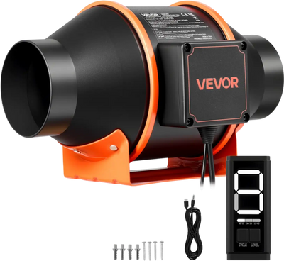 VEVOR Inline Duct Fan, 205 CFM 4 inch EC Motor Ventilation Fan with 3-Speed Circulation, 10-Speed PWM Controller, Timer-Controlled Operation, Cooling for Grow Tents, Indoor Gardening, Hydroponics