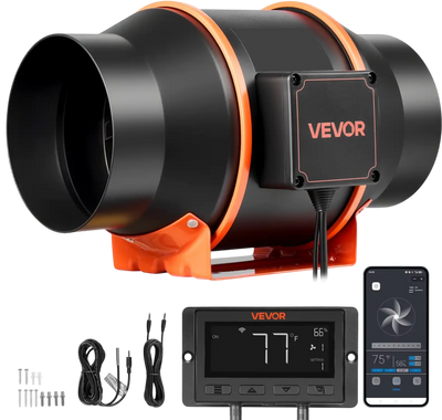 VEVOR Inline Duct Fan, 402 CFM 6 inch EC Motor Exhaust Ventilation Fan with 10-Speed, PWM Controller, App Control, Temperature Humidity Sensor, Cooling for Grow Tent, Indoor Gardening, Hydroponics
