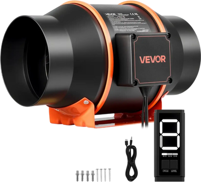 VEVOR Inline Duct Fan, 402 CFM 6 inch EC Motor Ventilation Fan with 3-Speed Circulation, 10-Speed PWM Controller, Timer-Controlled Operation, Cooling for Grow Tents, Indoor Gardening, Hydroponics