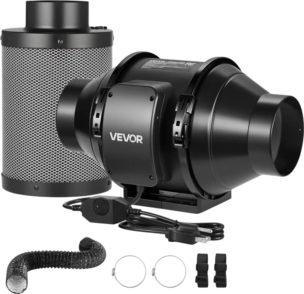 VEVOR 4" Air Filtration Kit, 180 CFM  Inline Duct Fan with Speed Controller, Carbon Filter & Ducting Ventilation System for Heating Cooling Booster, Grow Tents, Hydroponics