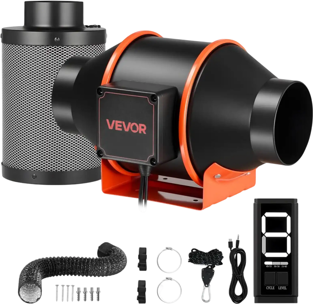 VEVOR Inline Duct Fan Kit with Carbon Filter, 205 CFM 4 inch EC Motor Ventilation Fan with 3-Speed Circulation, 10-Speed PWM Controller, Timer, Cooling for Grow Tents, Indoor Gardening, Hydroponics