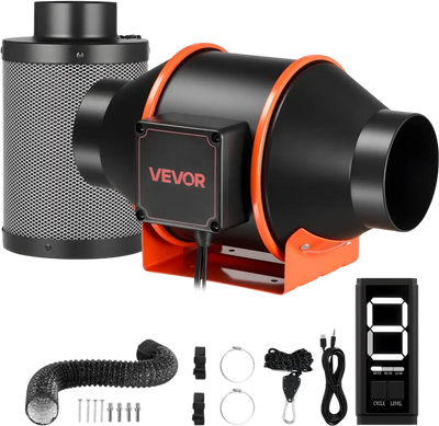 VEVOR Inline Duct Fan Kit with Carbon Filter, 205 CFM 4 inch EC Motor Ventilation Fan with 3-Speed Circulation, 10-Speed PWM Controller, Timer, Cooling for Grow Tents, Indoor Gardening, Hydroponics